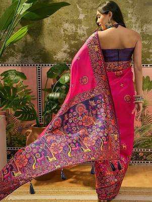 Pink woven design saree with unstitched blouse 4