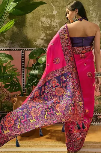 Pink woven design saree with unstitched blouse