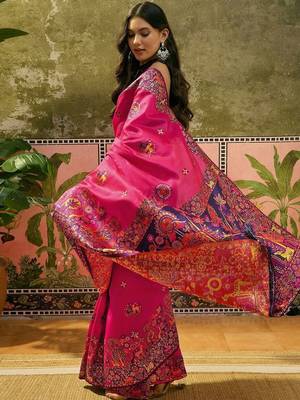 Pink woven design saree with unstitched blouse 5
