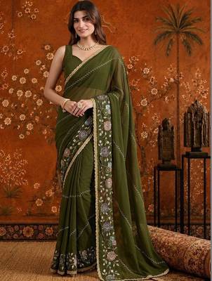 Olive embellished embroidered  georgette saree 1