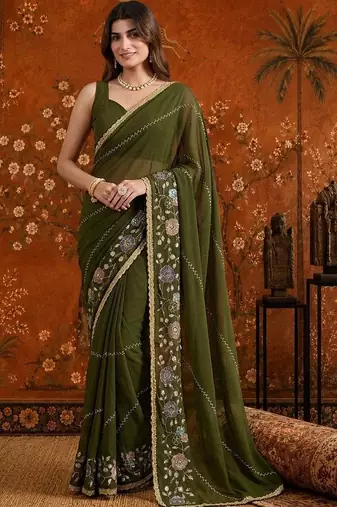 Olive embellished embroidered  georgette saree