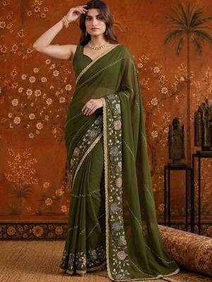 Olive embellished embroidered  georgette saree 2
