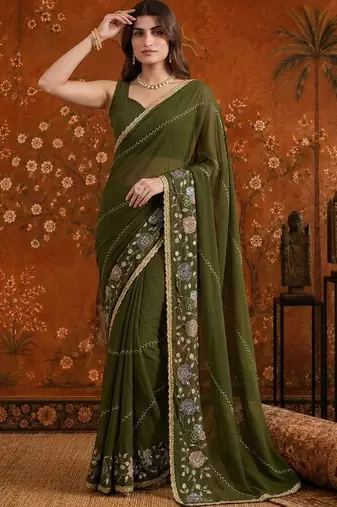 Olive embellished embroidered  georgette saree