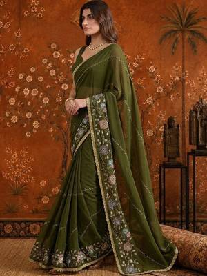 Olive embellished embroidered  georgette saree 3