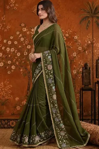 Olive embellished embroidered  georgette saree