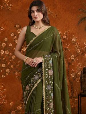 Olive embellished embroidered  georgette saree 4