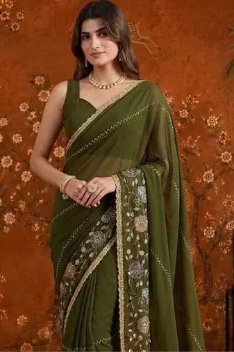 Olive embellished embroidered  georgette saree