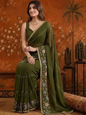 Olive embellished embroidered  georgette saree 5