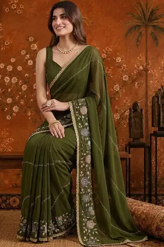 Olive embellished embroidered  georgette saree