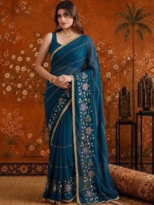 Teal floral embroidered  georgette saree 1