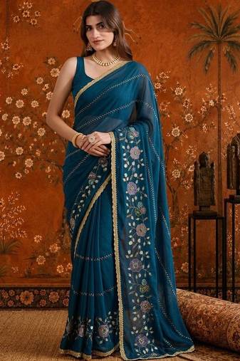 Teal floral embroidered  georgette saree