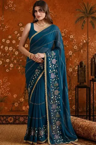 Teal floral embroidered  georgette saree