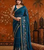 Teal floral embroidered  georgette saree