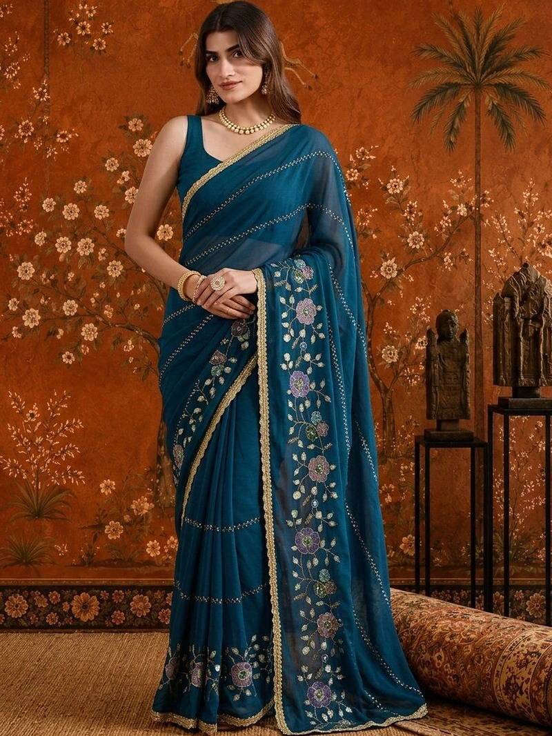 Teal floral embroidered  georgette saree