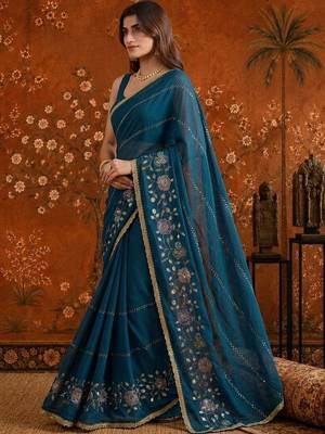 Teal floral embroidered  georgette saree 2