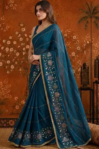 Teal floral embroidered  georgette saree