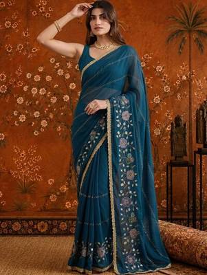 Teal floral embroidered  georgette saree 3