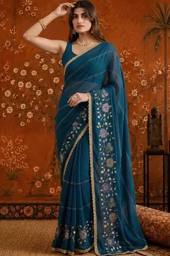 Teal floral embroidered  georgette saree