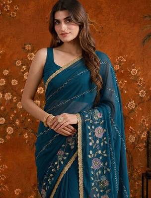 Teal floral embroidered  georgette saree 4