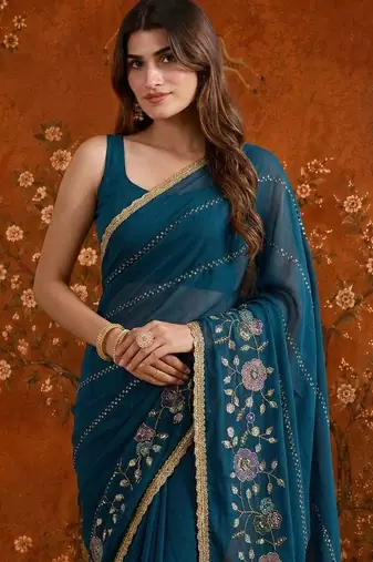 Teal floral embroidered  georgette saree
