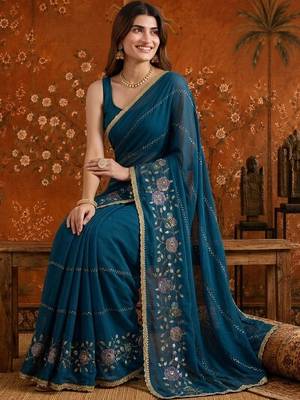 Teal floral embroidered  georgette saree 5