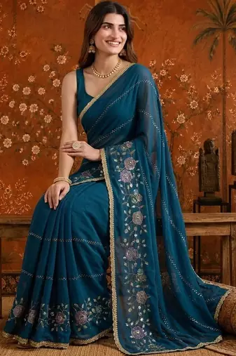 Teal floral embroidered  georgette saree