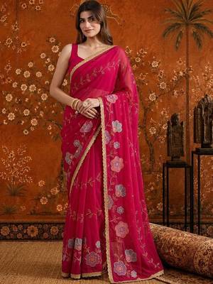 Red embellished embroidered  georgette saree 1
