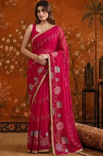 Red embellished embroidered  georgette saree