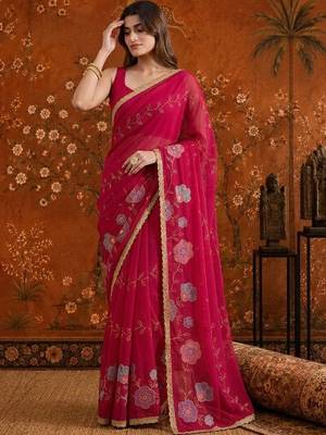 Red embellished embroidered  georgette saree 2