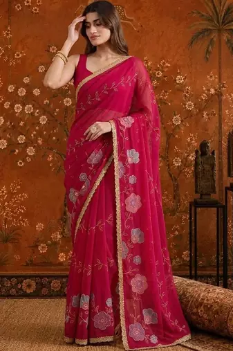 Red embellished embroidered  georgette saree
