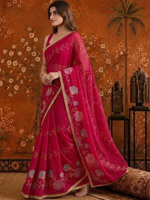 Red embellished embroidered  georgette saree 3