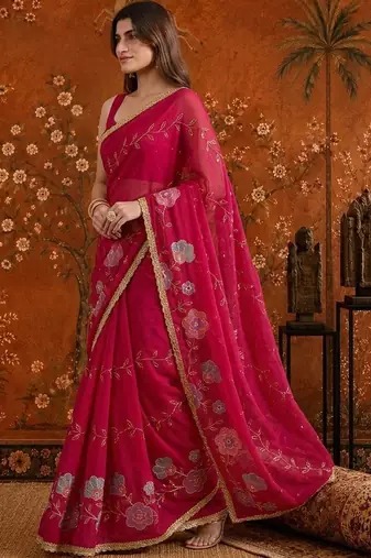 Red embellished embroidered  georgette saree