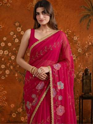 Red embellished embroidered  georgette saree 4