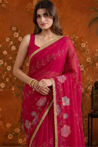 Red embellished embroidered  georgette saree