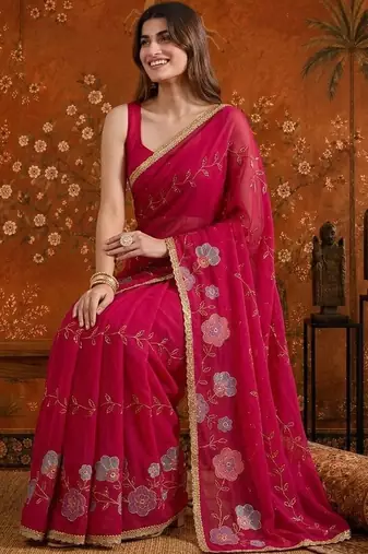 Red embellished embroidered  georgette saree