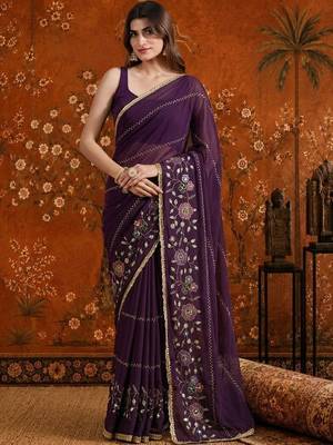 Purple embellished  georgette saree 1