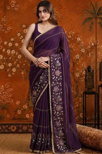 Purple embellished  georgette saree