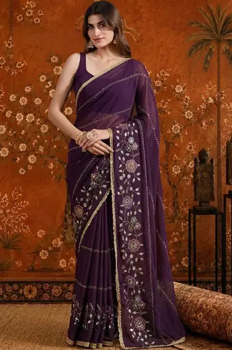 Purple embellished  georgette saree