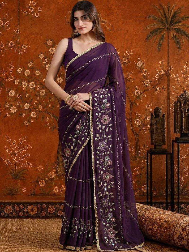 Purple embellished  georgette saree