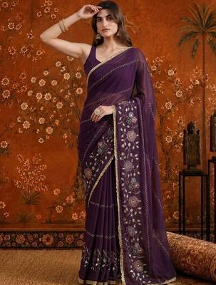 Purple embellished  georgette saree 2