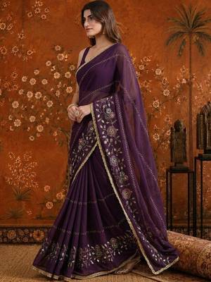 Purple embellished  georgette saree 3