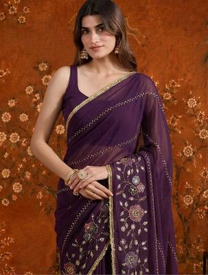 Purple embellished  georgette saree 4