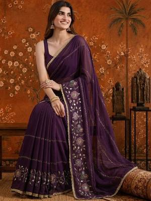 Purple embellished  georgette saree 5