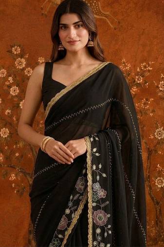 Black embellished embroidered  georgette saree