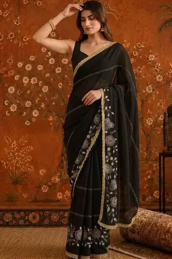 Black embellished embroidered  georgette saree