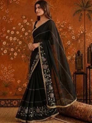 Black embellished embroidered  georgette saree 3