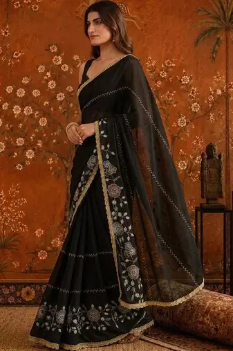 Black embellished embroidered  georgette saree