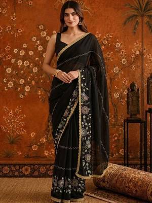 Black embellished embroidered  georgette saree 4