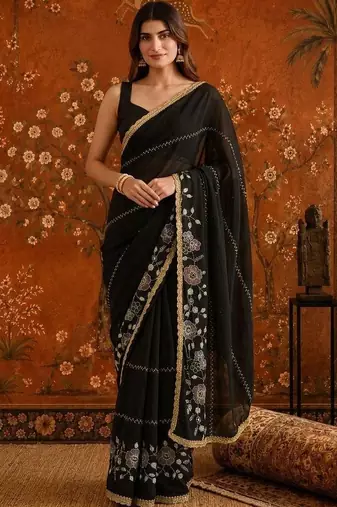 Black embellished embroidered  georgette saree