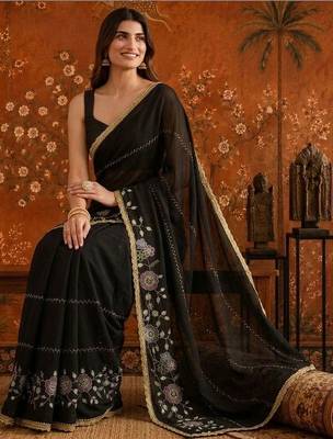Black embellished embroidered  georgette saree 5